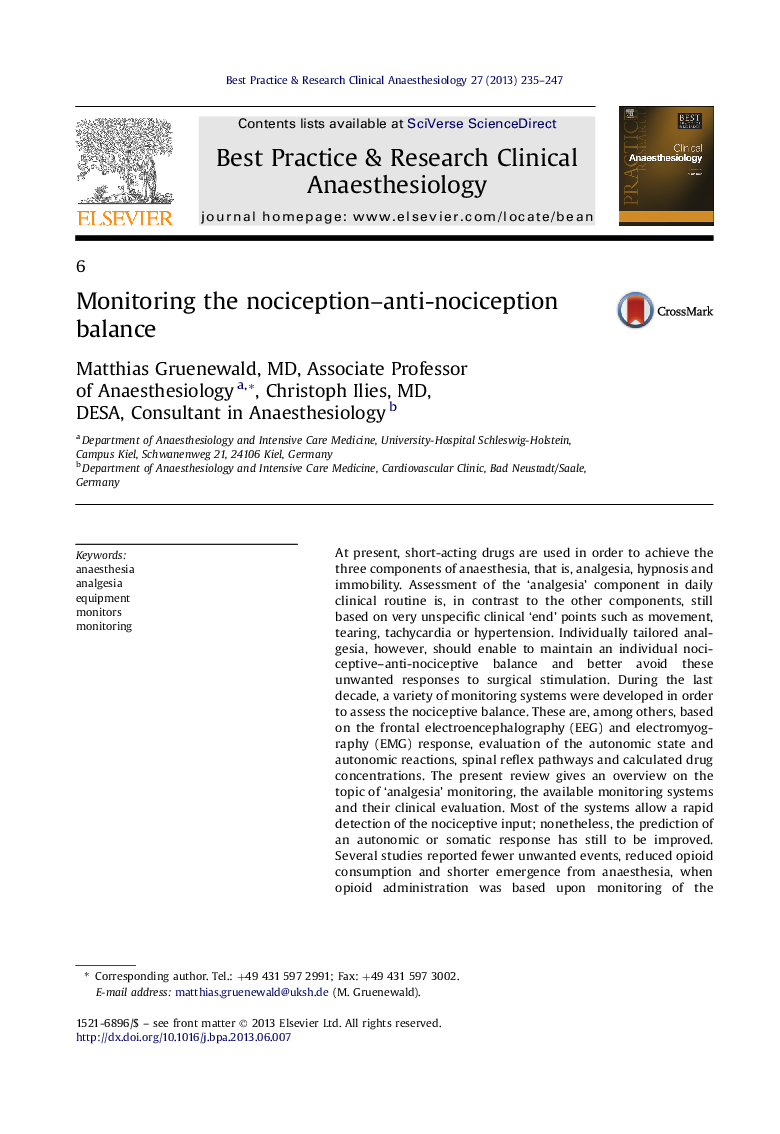 Monitoring the nociception–anti-nociception balance