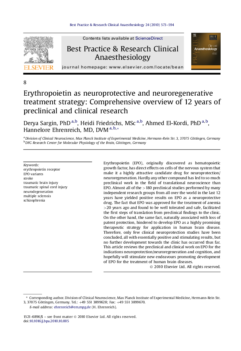 Erythropoietin as neuroprotective and neuroregenerative treatment strategy: Comprehensive overview of 12 years of preclinical and clinical research