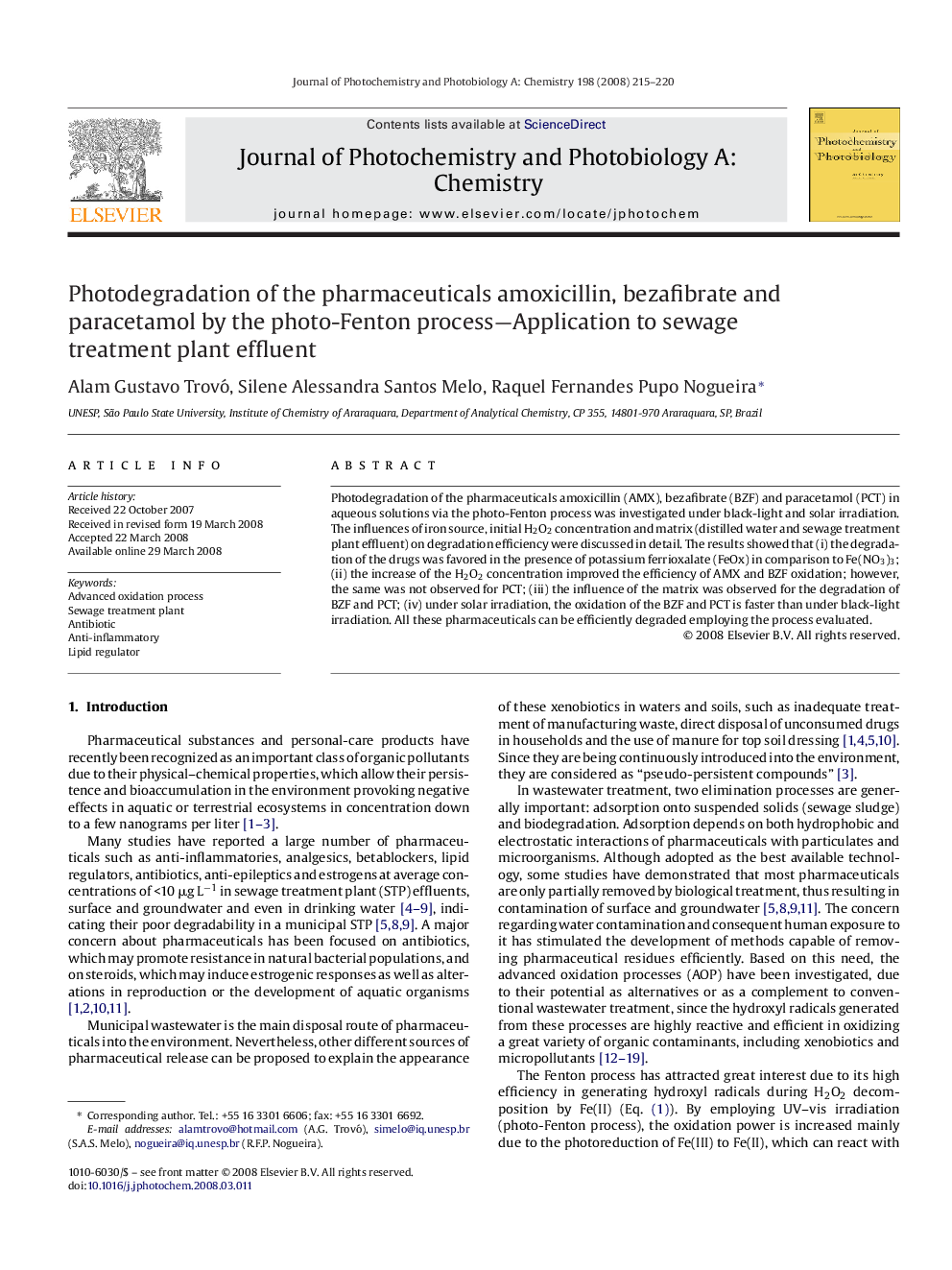 Photodegradation of the pharmaceuticals amoxicillin, bezafibrate and paracetamol by the photo-Fenton process—Application to sewage treatment plant effluent