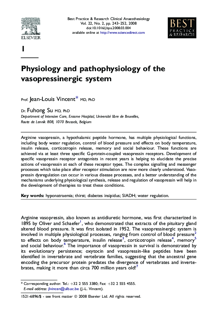 Physiology and pathophysiology of the vasopressinergic system