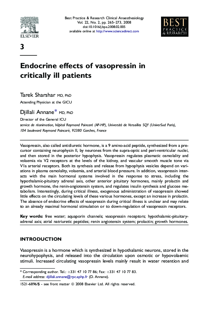 Endocrine effects of vasopressin in critically ill patients