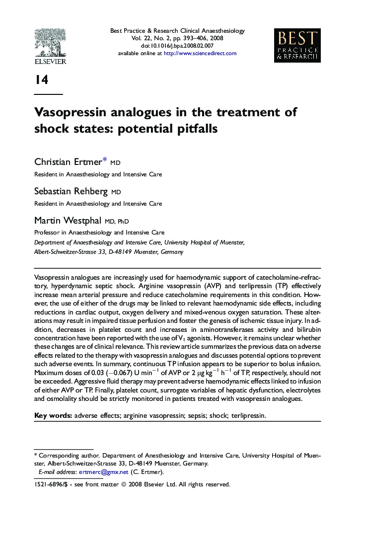 Vasopressin analogues in the treatment of shock states: potential pitfalls