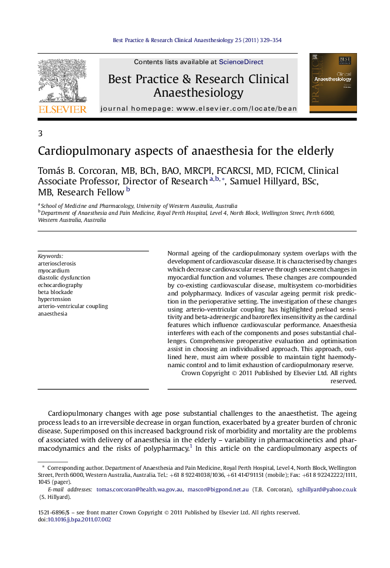 Cardiopulmonary aspects of anaesthesia for the elderly