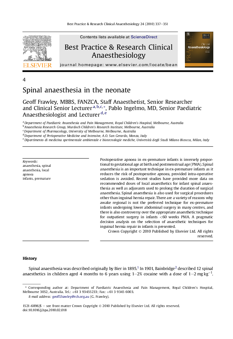 Spinal anaesthesia in the neonate