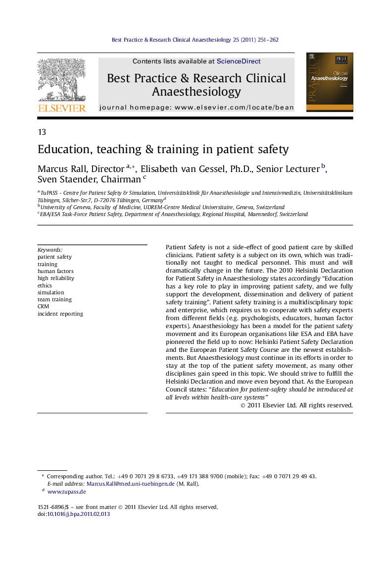 Education, teaching & training in patient safety