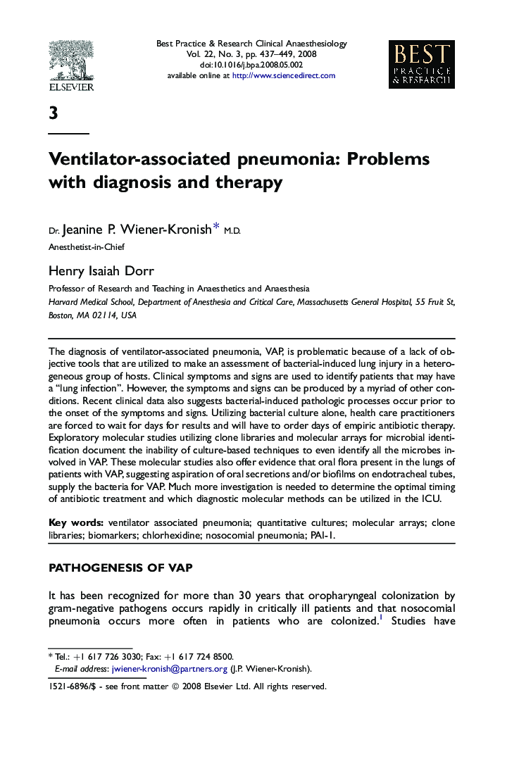 Ventilator-associated pneumonia: Problems with diagnosis and therapy