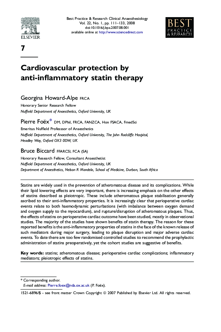 Cardiovascular protection by anti-inflammatory statin therapy