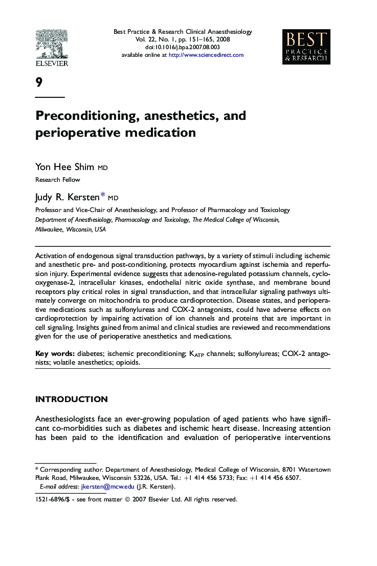 عکس صفحه اول مقاله: Preconditioning, anesthetics, and perioperative medication Preconditioning, anesthetics, and perioperative medication