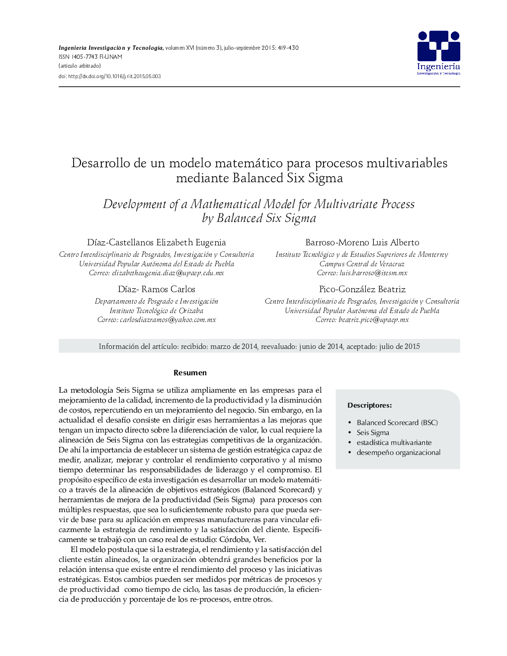 Desarrollo de un modelo matemático para procesos multivariables mediante Balanced Six Sigma