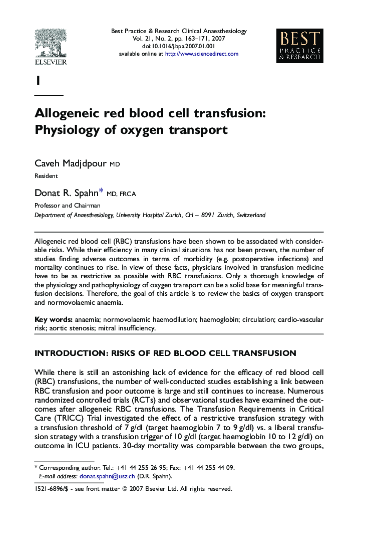 Allogeneic red blood cell transfusion: Physiology of oxygen transport