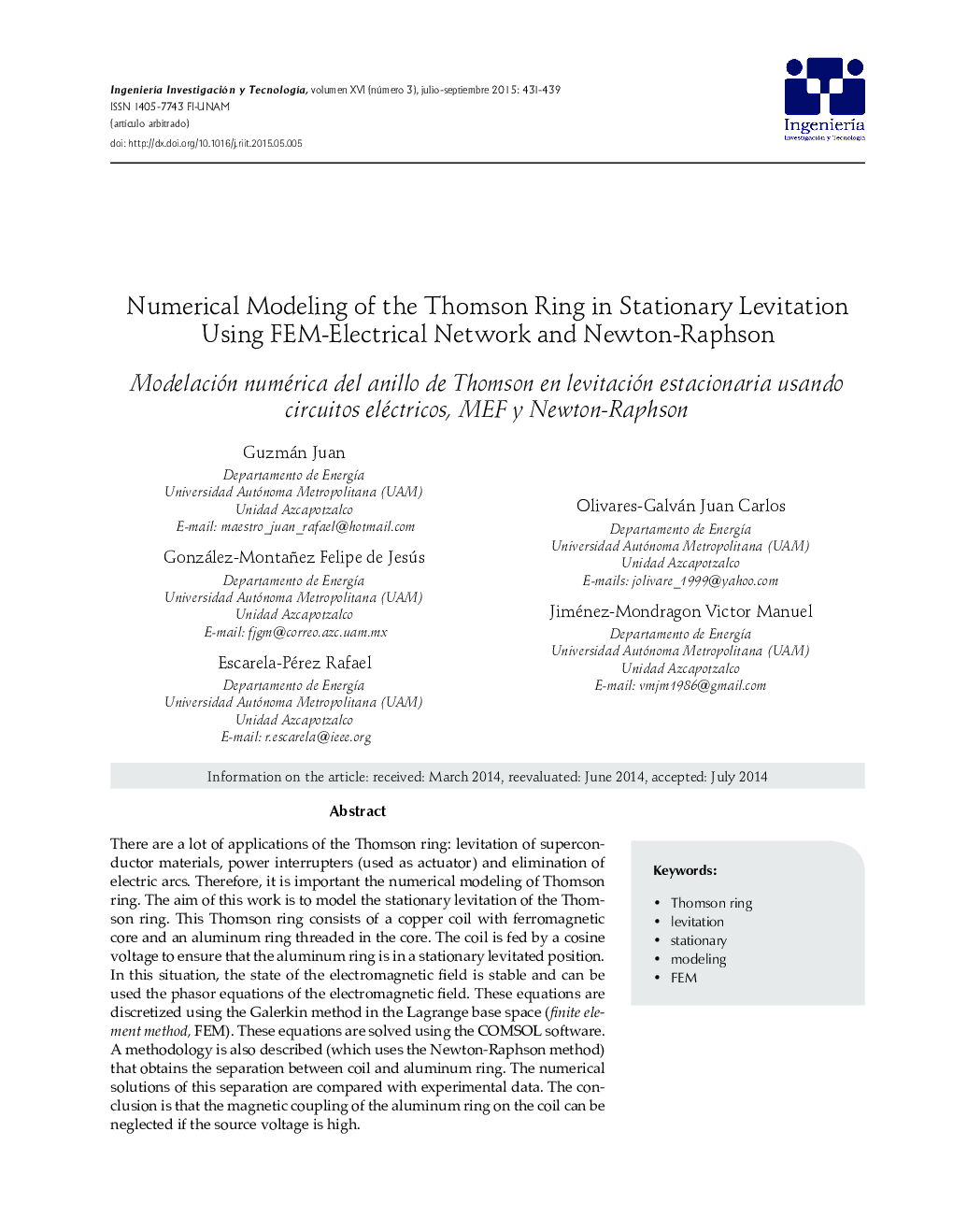 Numerical Modeling of the Thomson Ring in Stationary Levitation Using FEM-Electrical Network and Newton-Raphson