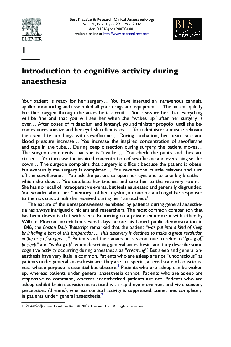 Introduction to cognitive activity during anaesthesia