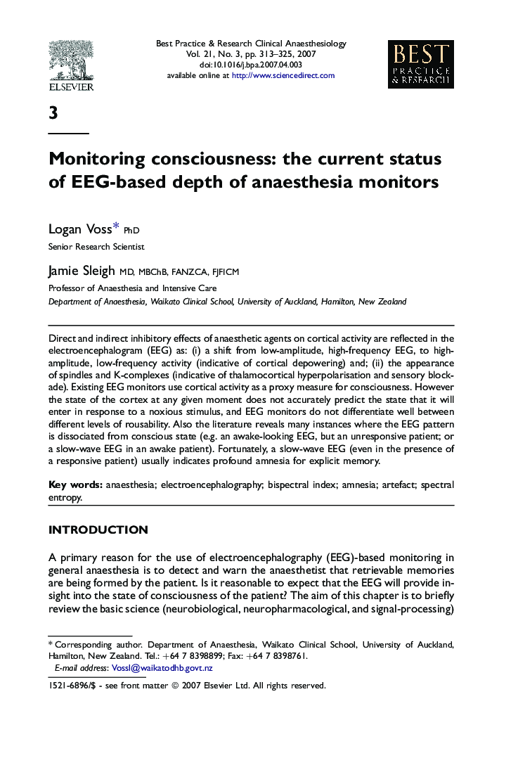 Monitoring consciousness: the current status of EEG-based depth of anaesthesia monitors