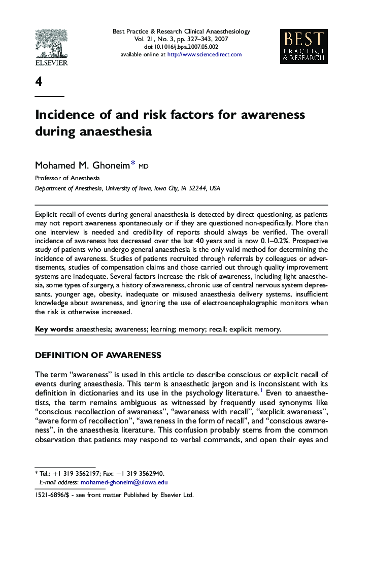 Incidence of and risk factors for awareness during anaesthesia