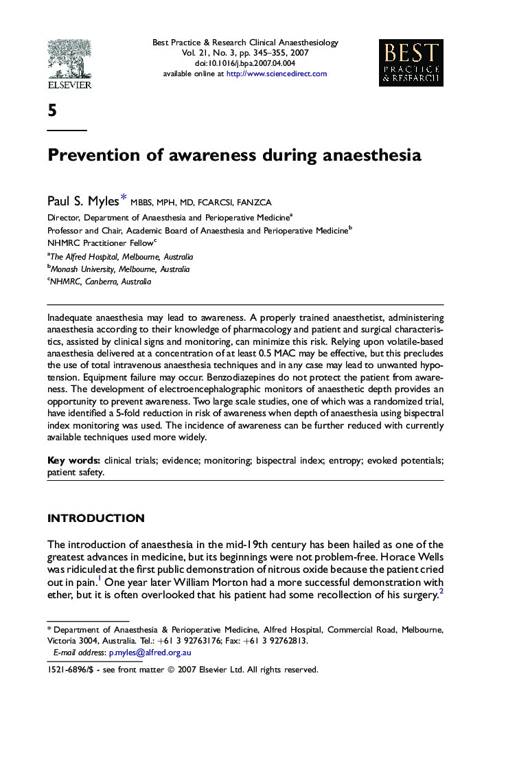 Prevention of awareness during anaesthesia