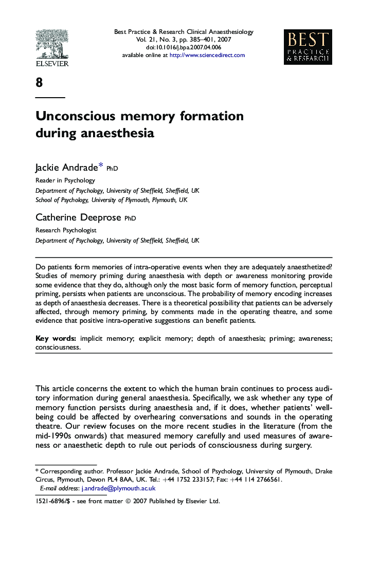 Unconscious memory formation during anaesthesia
