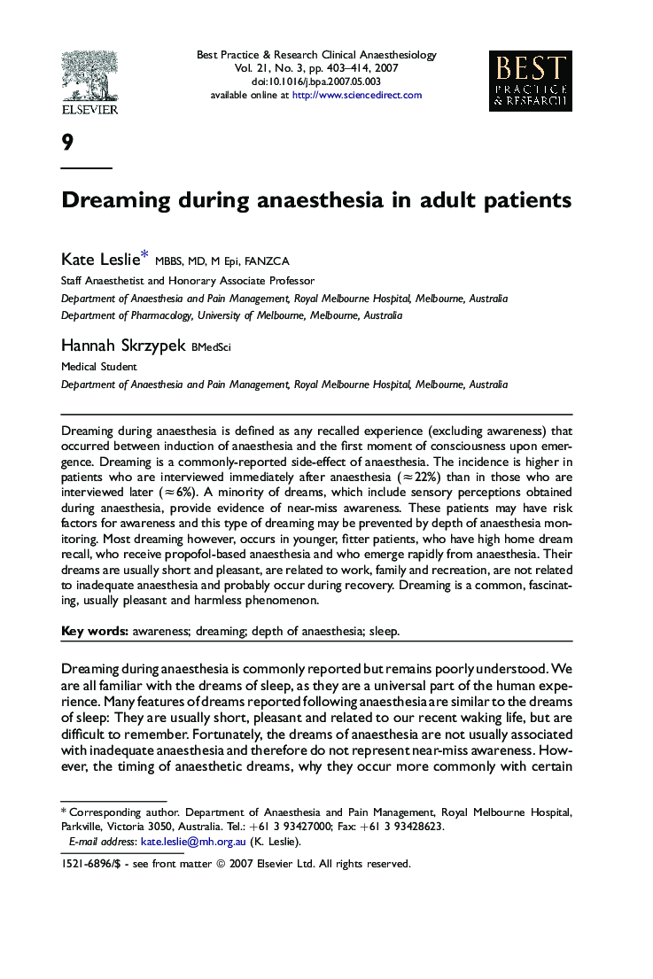 Dreaming during anaesthesia in adult patients