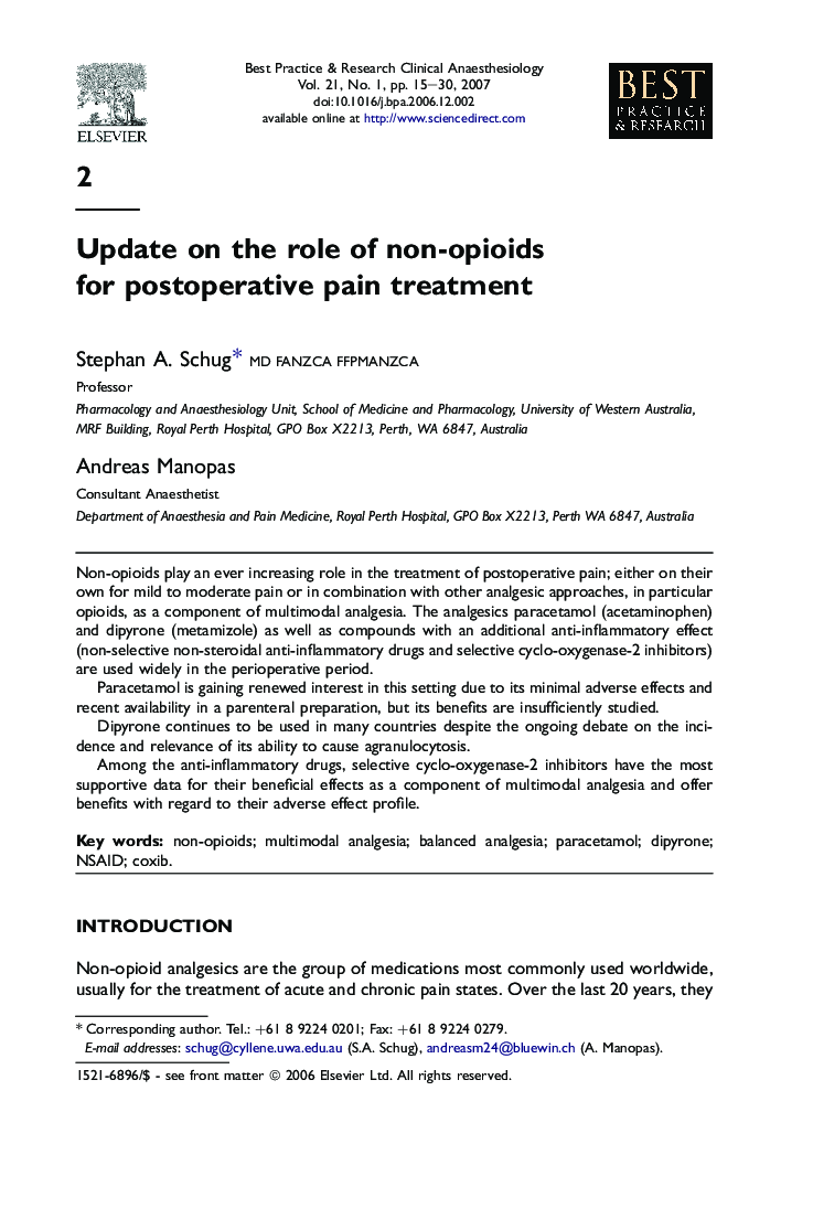 Update on the role of non-opioids for postoperative pain treatment
