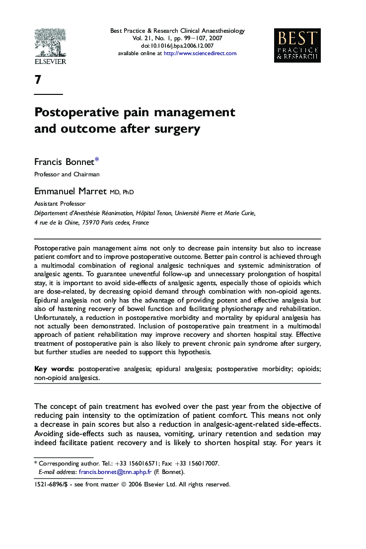 Postoperative pain management and outcome after surgery