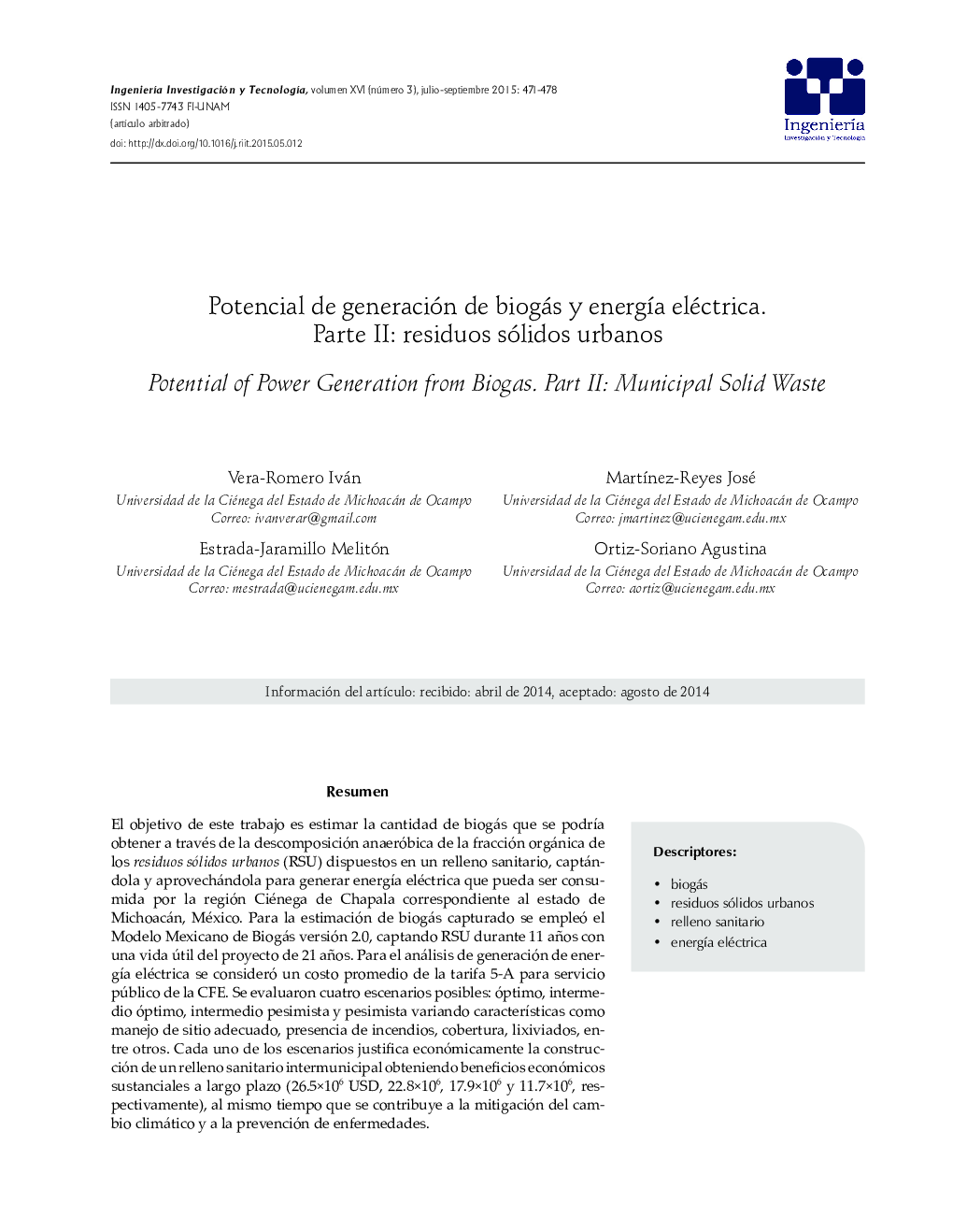 Potencial de generación de biogás y energía eléctrica. Parte II: residuos sólidos urbanos