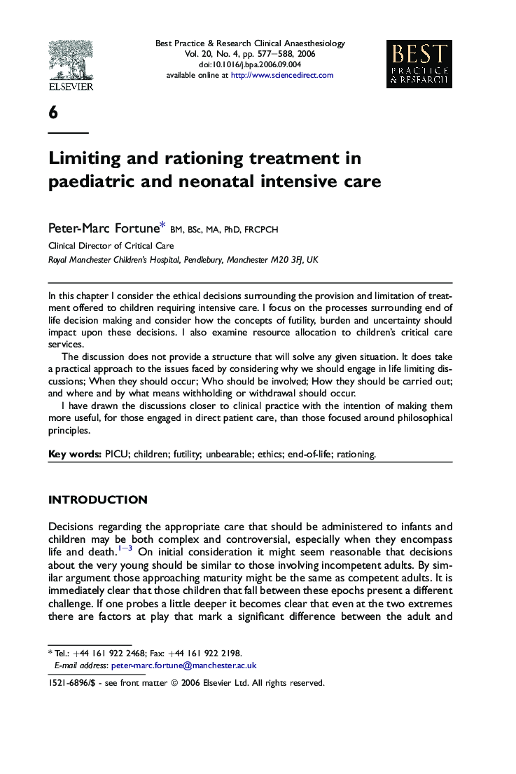 Limiting and rationing treatment in Paediatric & neonatal intensive care