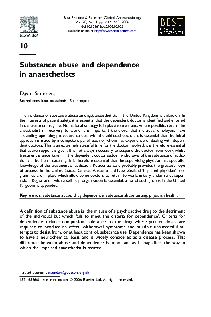 Substance abuse and dependence in anaesthetists