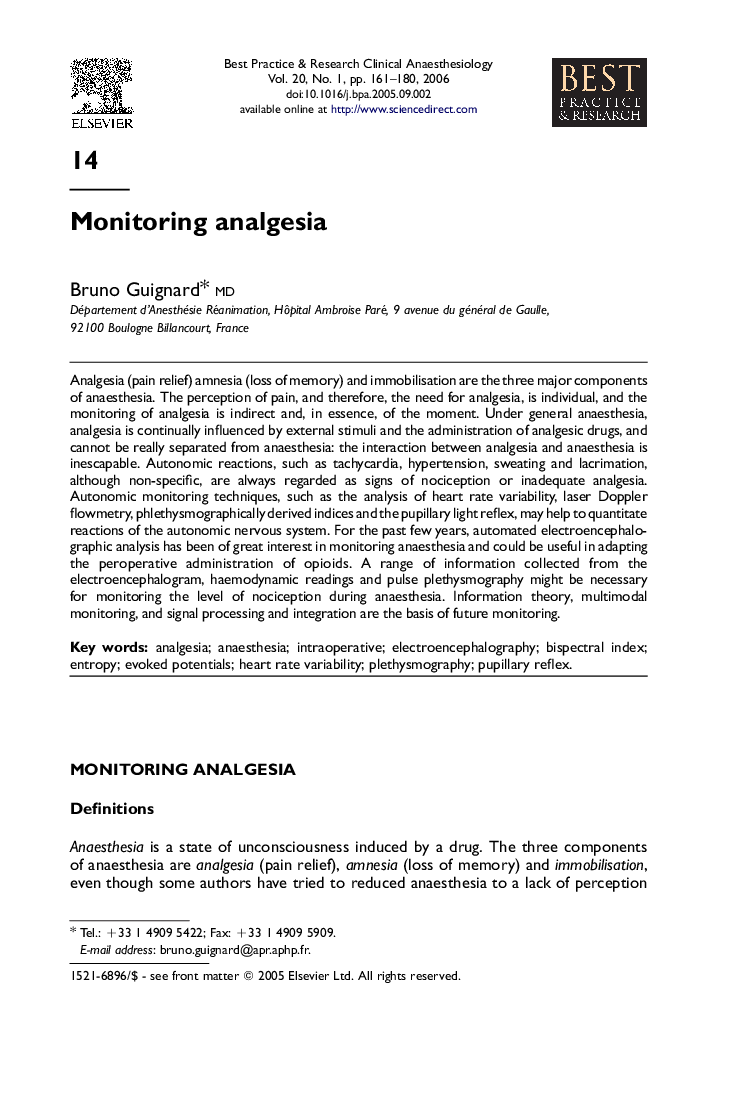 Monitoring analgesia