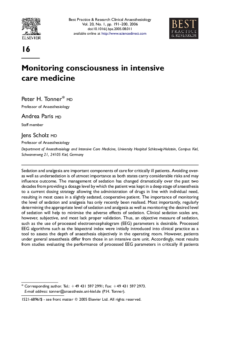 Monitoring consciousness in intensive care medicine