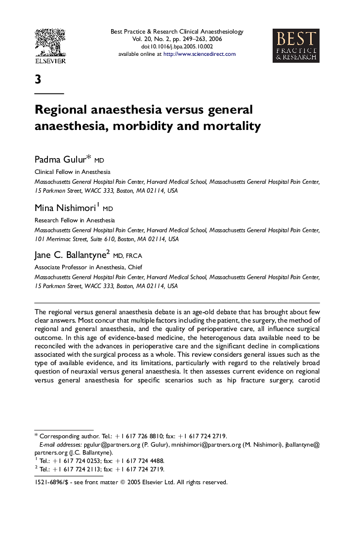 Regional anaesthesia versus general anaesthesia, morbidity and mortality