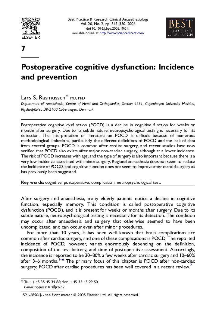 Postoperative cognitive dysfunction: Incidence and prevention