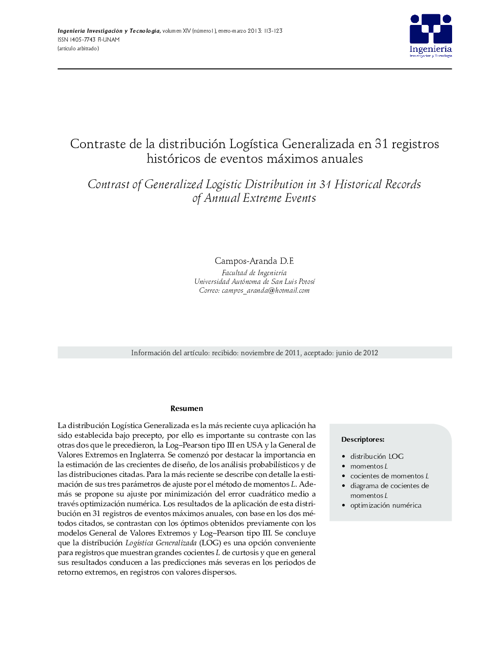 Contraste de la distribución Logística Generalizada en 31 registros históricos de eventos máximos anuales *