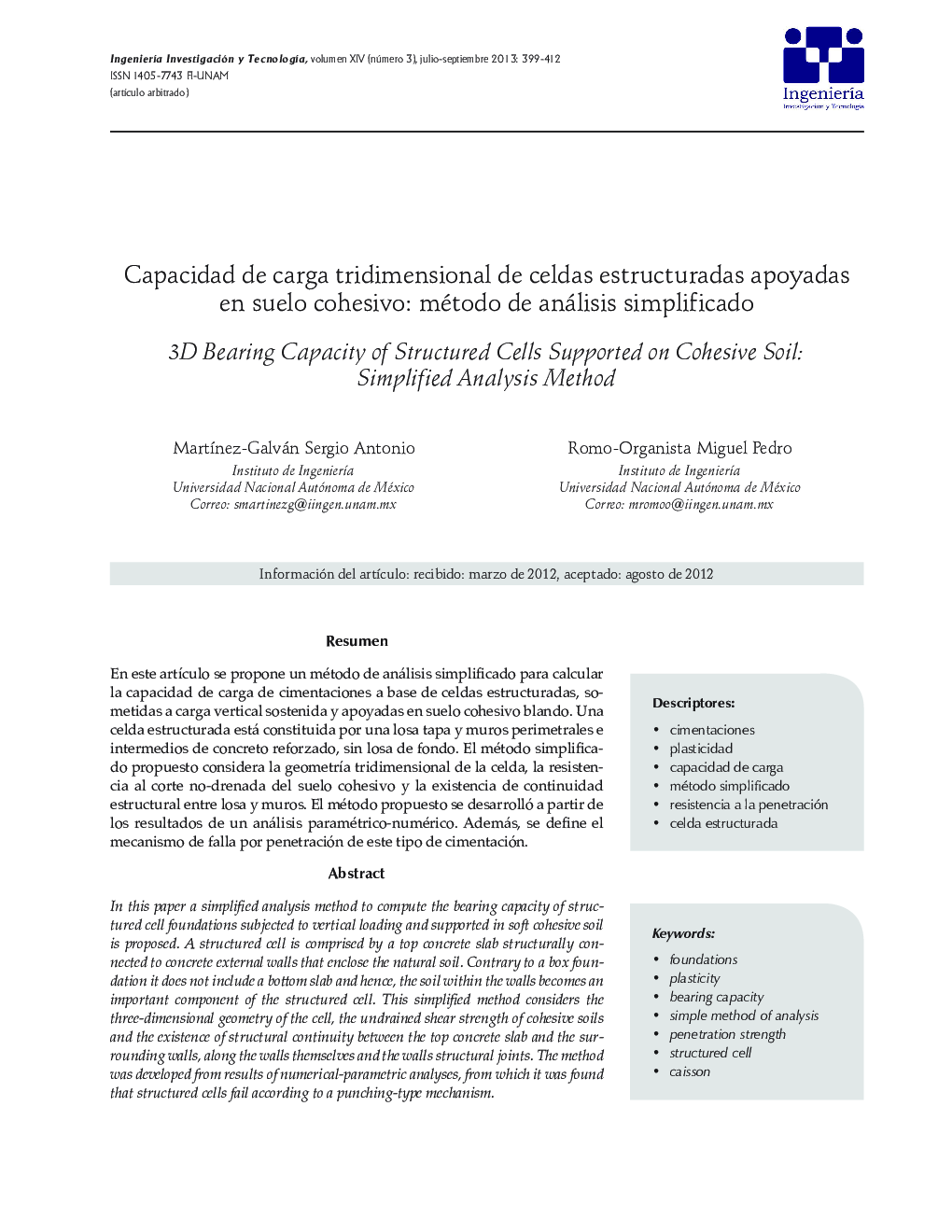 Capacidad de carga tridimensional de celdas estructuradas apoyadas en suelo cohesivo: método de análisis simplificado *