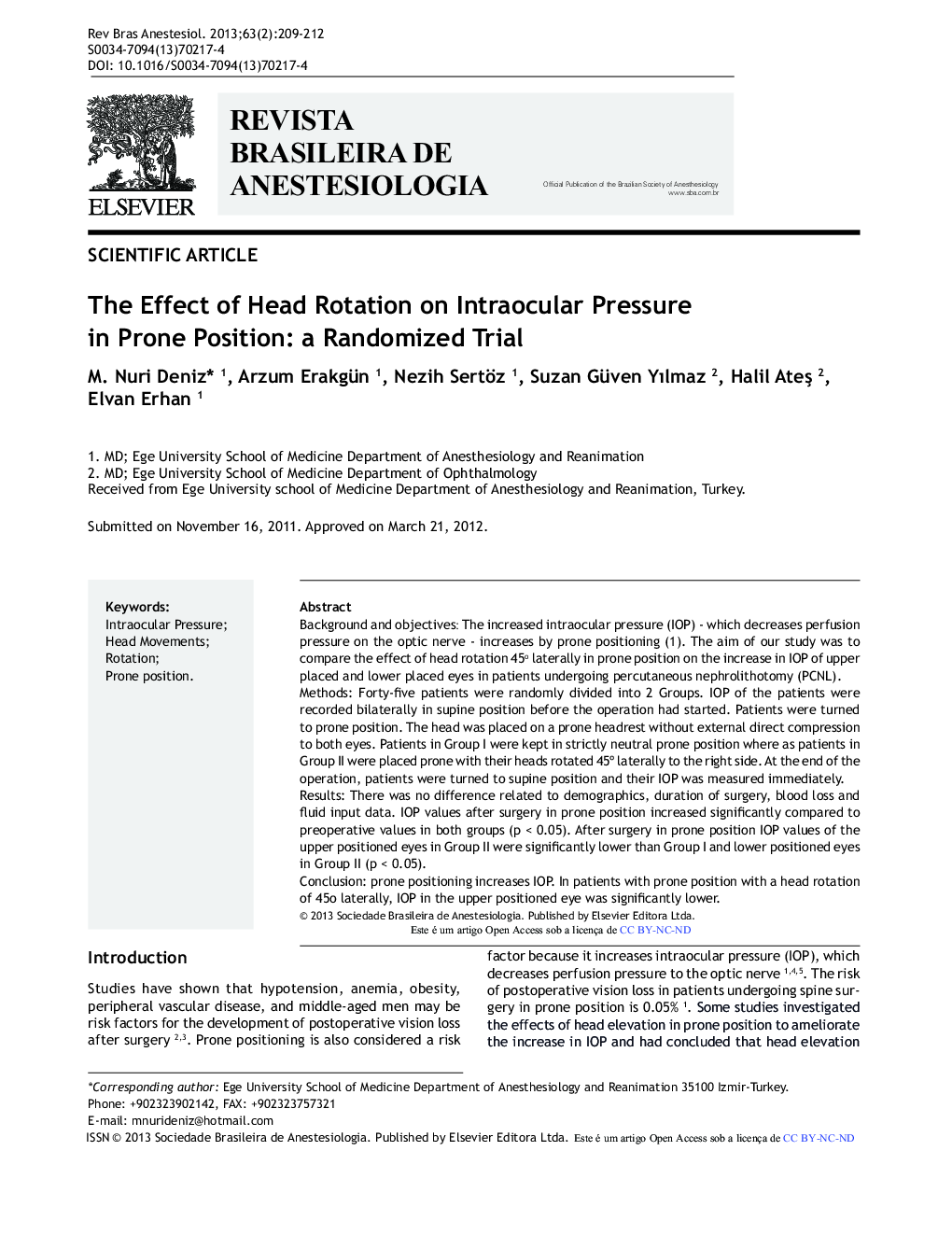 The Effect of Head Rotation on Intraocular Pressure in Prone Position: a Randomized Trial