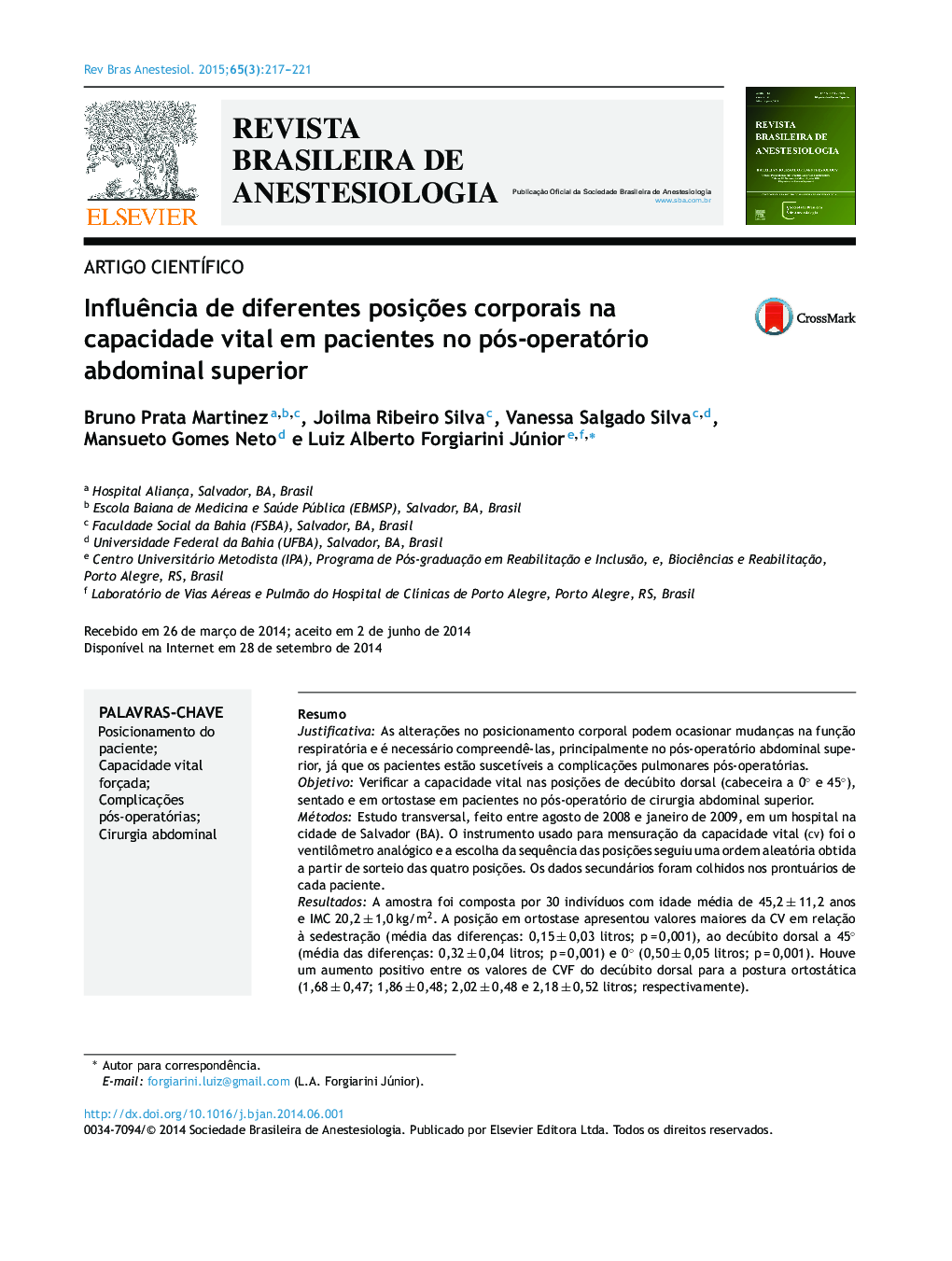 Influência de diferentes posições corporais na capacidade vital em pacientes no pós‐operatório abdominal superior