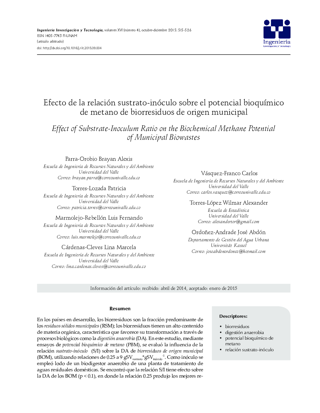 Efecto de la relación sustrato-inóculo sobre el potencial bioquímico de metano de biorresiduos de origen municipal