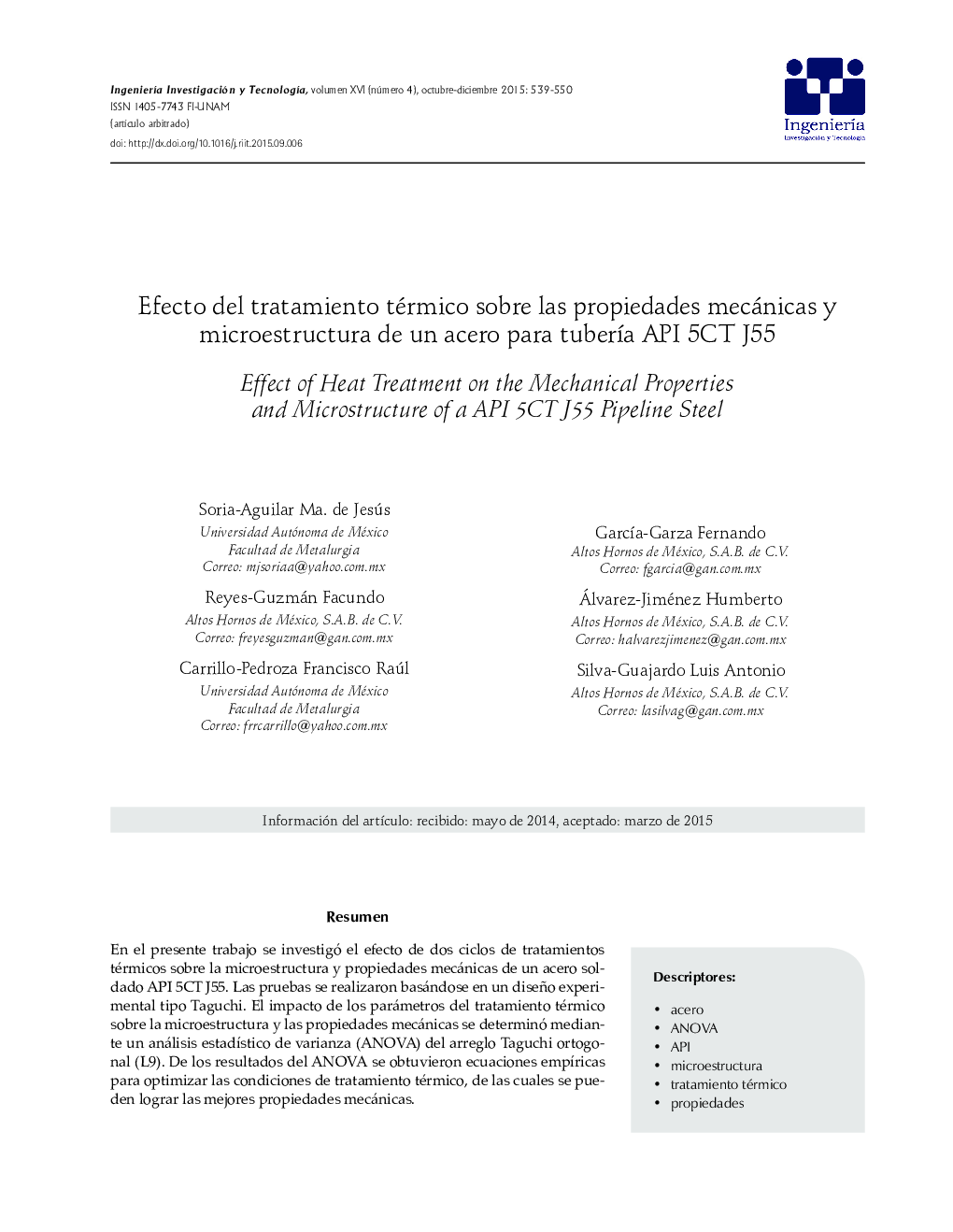 Efecto del tratamiento térmico sobre las propiedades mecánicas y microestructura de un acero para tubería API 5CT J55