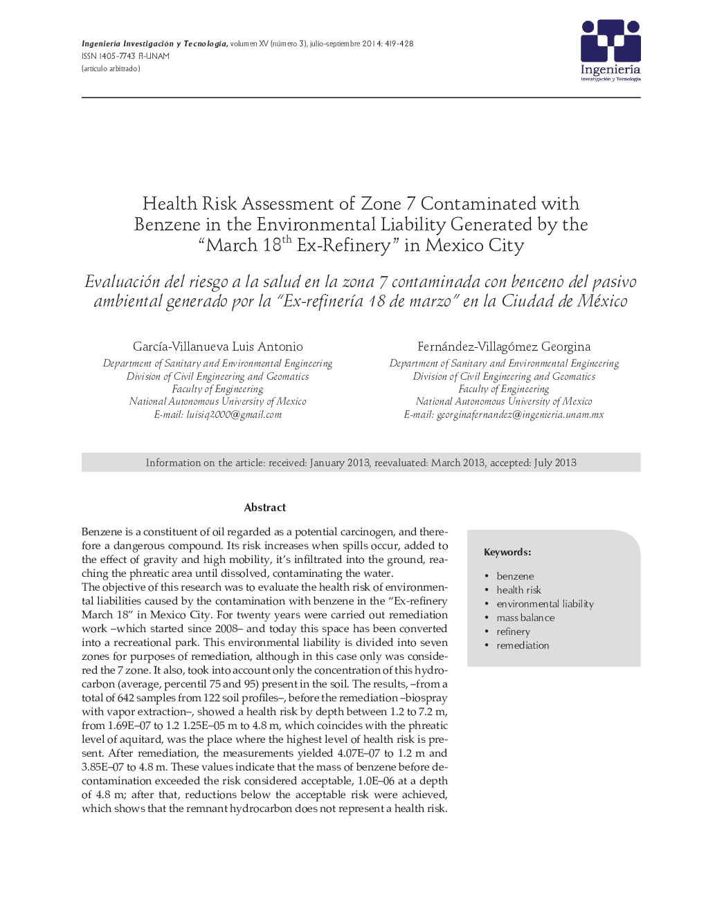 Health Risk Assessment of Zone 7 Contaminated with Benzene in the Environmental Liability Generated by the “March 18th Ex-Refinery” in Mexico City