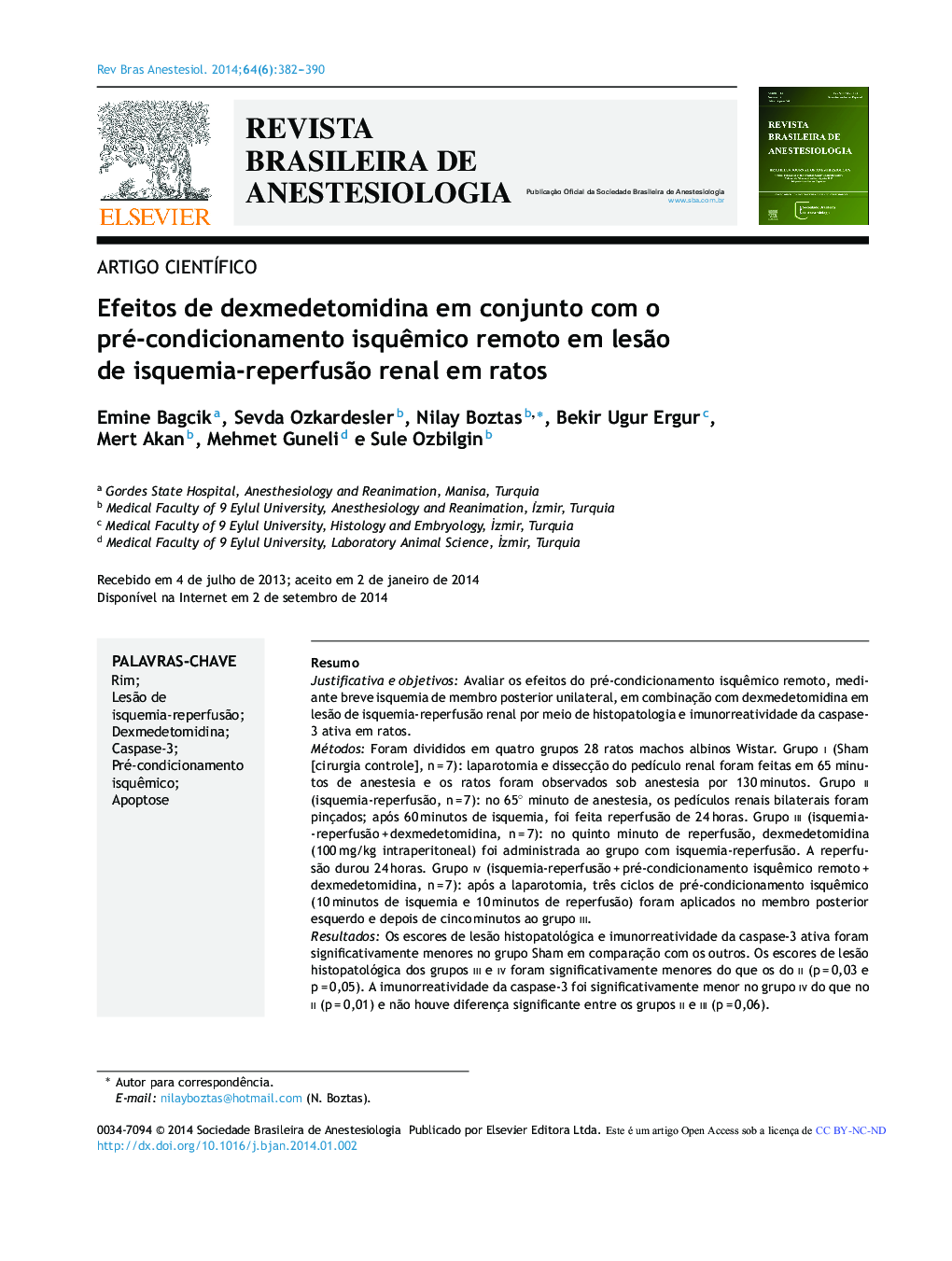 عکس صفحه اول مقاله: Efeitos de dexmedetomidina em conjunto com o pré‐condicionamento isquêmico remoto em lesão de isquemia‐reperfusão renal em ratos Efeitos de dexmedetomidina em conjunto com o pré‐condicionamento isquêmico remoto em lesão de isquemia‐reperfusão renal em ratos