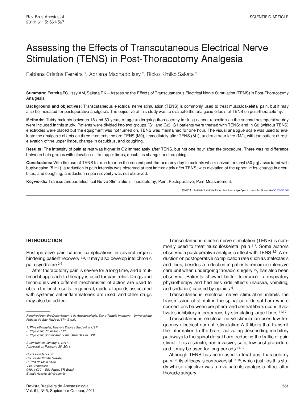 Assessing the Effects of Transcutaneous Electrical Nerve Stimulation (TENS) in Post-Thoracotomy Analgesia