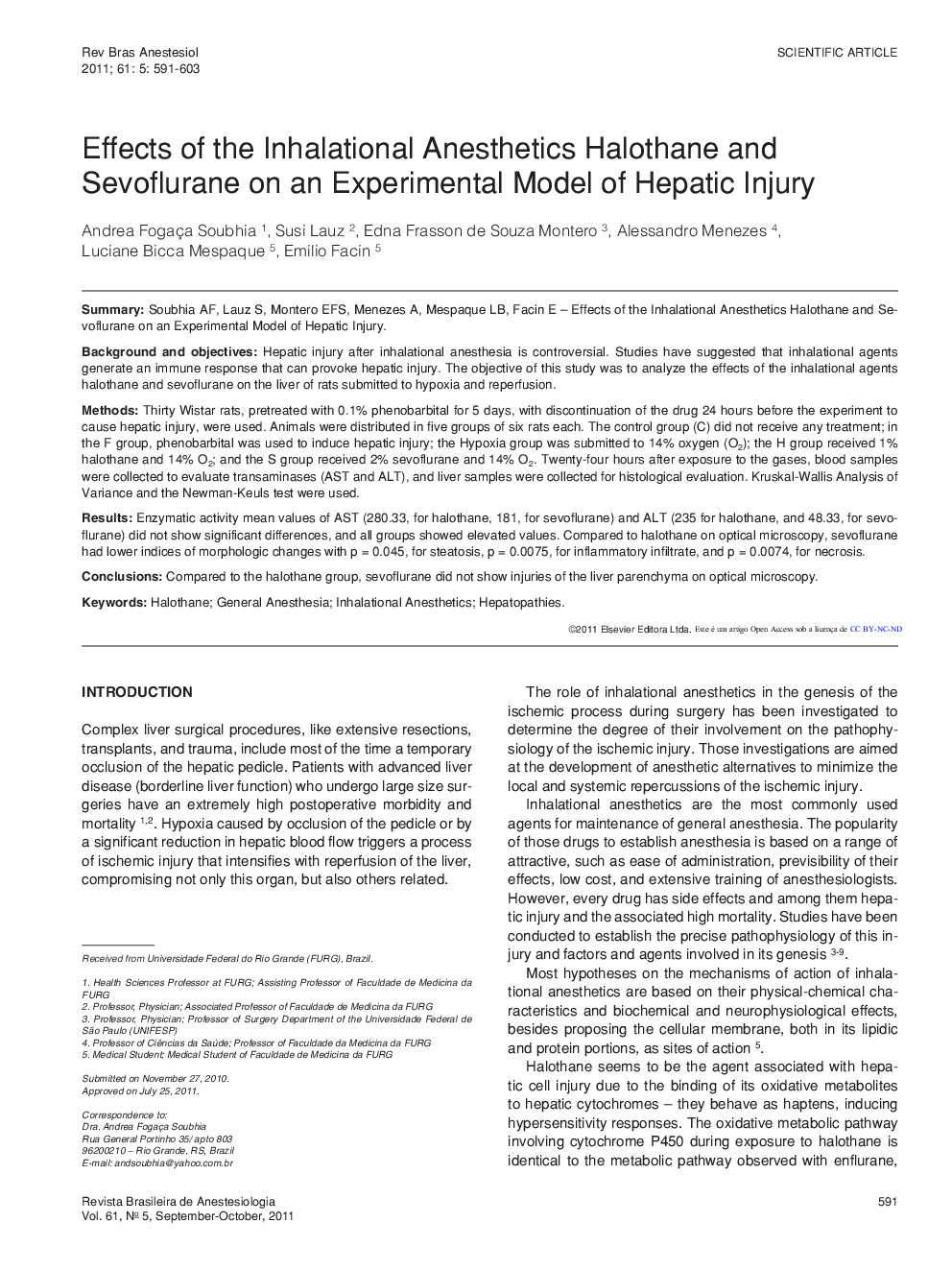 Effects of the Inhalational Anesthetics Halothane and Sevoflurane on an Experimental Model of Hepatic Injury