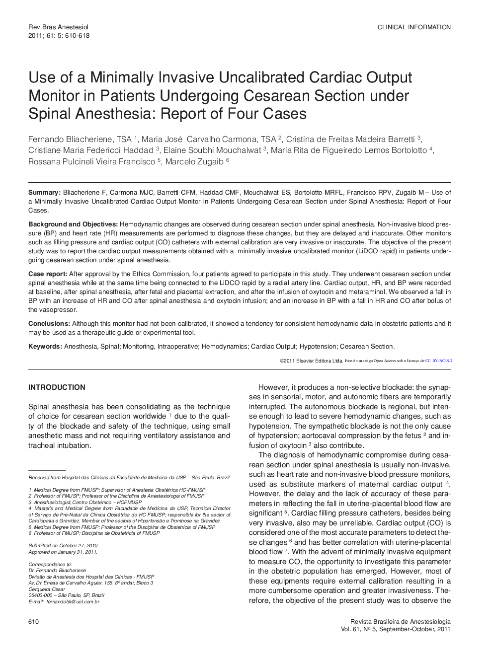 Use of a Minimally Invasive Uncalibrated Cardiac Output Monitor in Patients Undergoing Cesarean Section under Spinal Anesthesia: Report of Four Cases