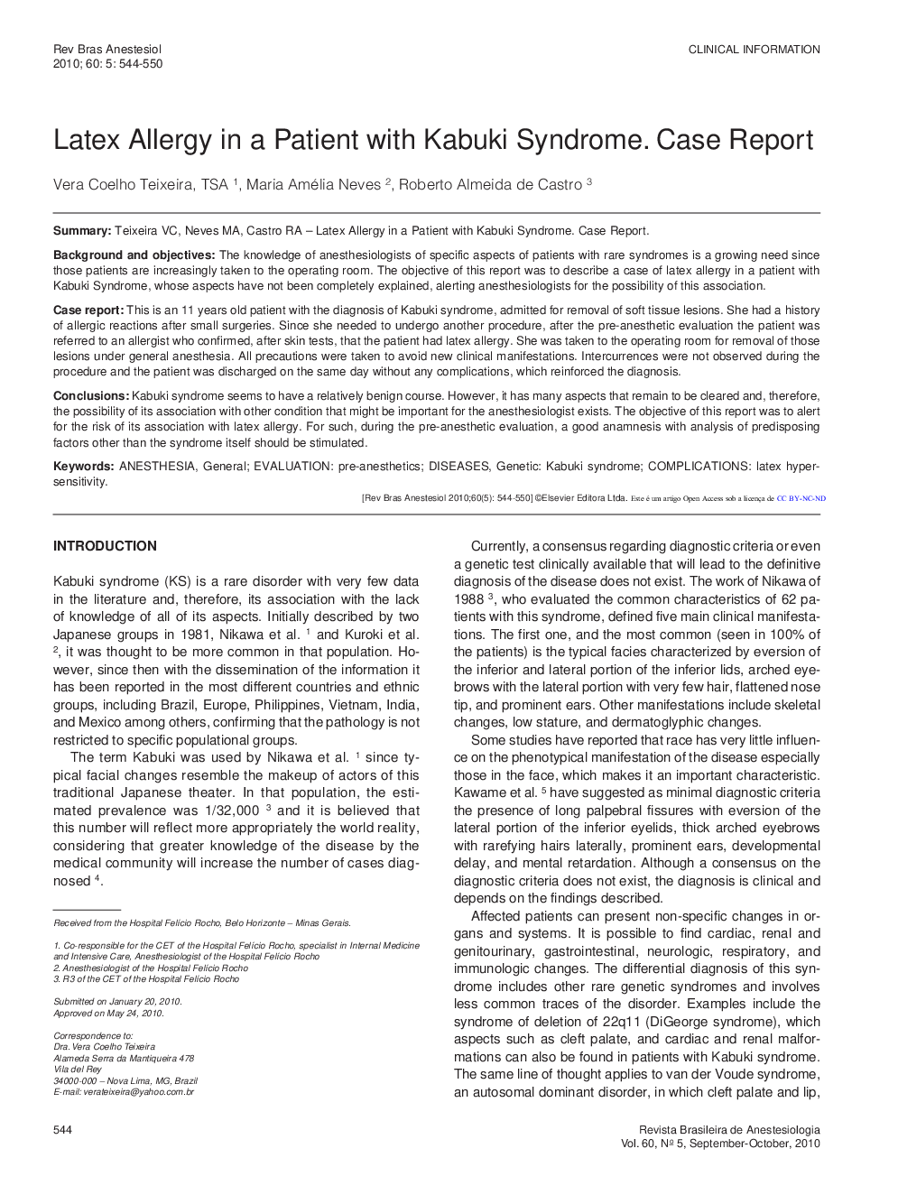 عکس صفحه اول مقاله: Latex Allergy in a Patient with Kabuki Syndrome. Case Report Latex Allergy in a Patient with Kabuki Syndrome. Case Report