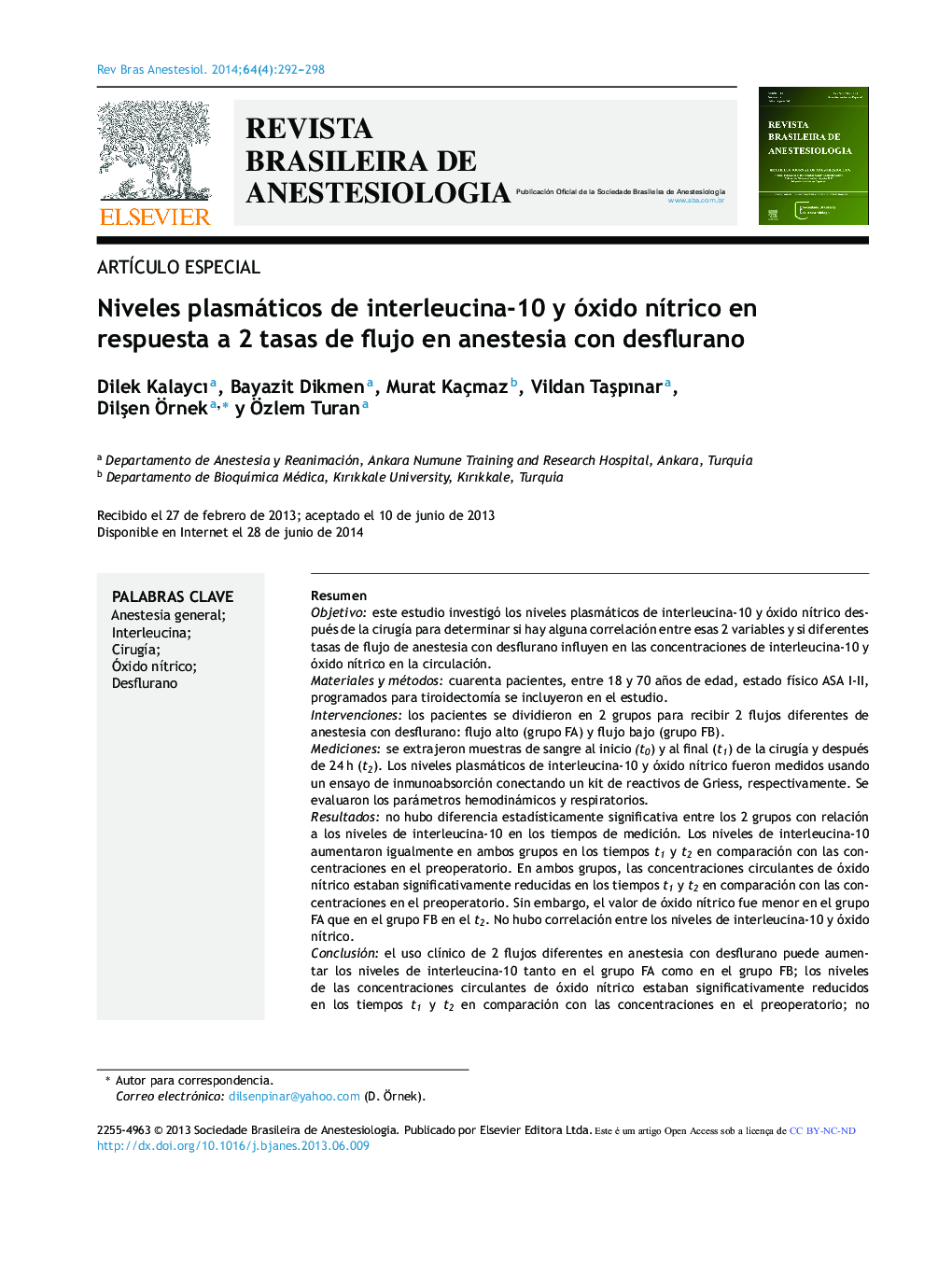 Niveles plasmáticos de interleucina-10 y óxido nítrico en respuesta a 2 tasas de flujo en anestesia con desflurano