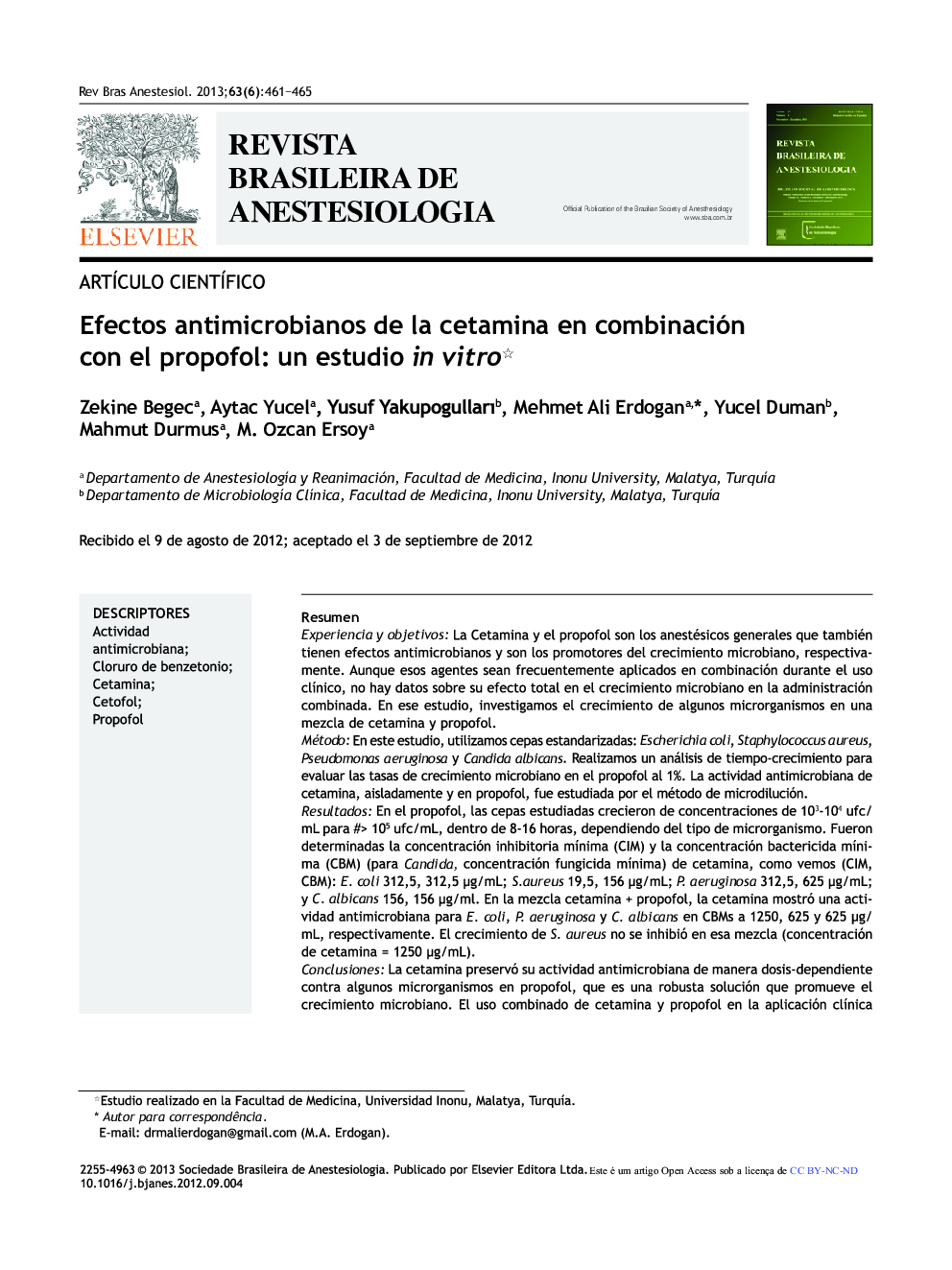 Efectos antimicrobianos de la cetamina en combinación con el propofol: Un estudio in vitro 