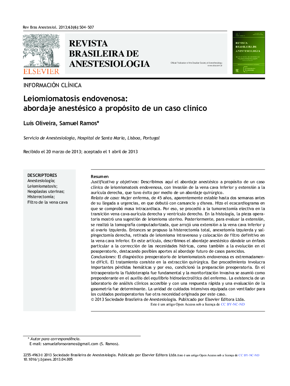 Leiomiomatosis endovenosa: Abordaje anestésico a propósito de un caso clínico