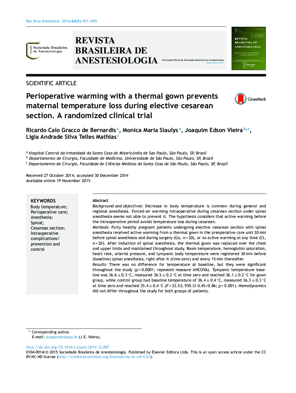 Perioperative warming with a thermal gown prevents maternal temperature loss during elective cesarean section. A randomized clinical trial