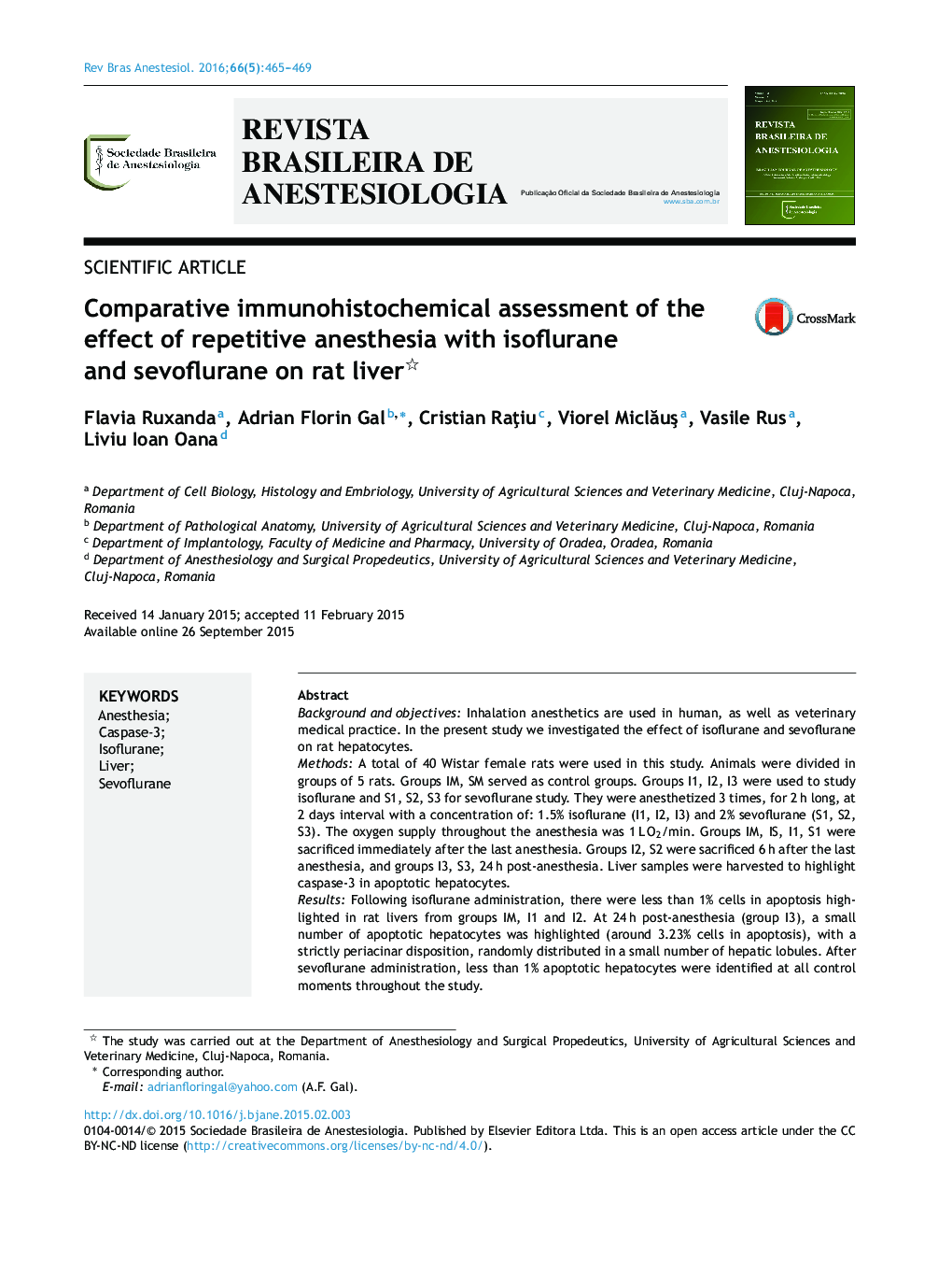 Comparative immunohistochemical assessment of the effect of repetitive anesthesia with isoflurane and sevoflurane on rat liver 