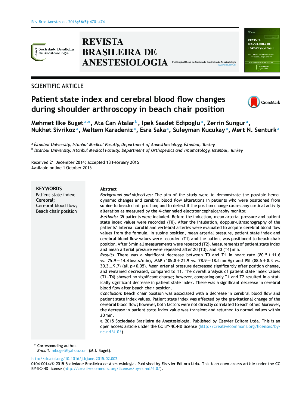 Patient state index and cerebral blood flow changes during shoulder arthroscopy in beach chair position