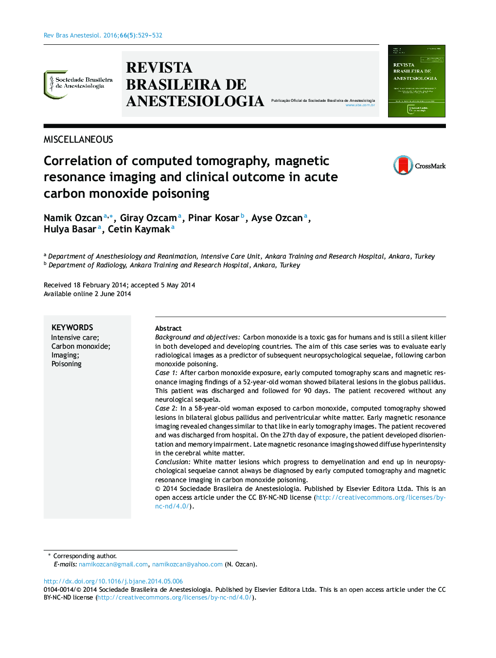 Correlation of computed tomography, magnetic resonance imaging and clinical outcome in acute carbon monoxide poisoning