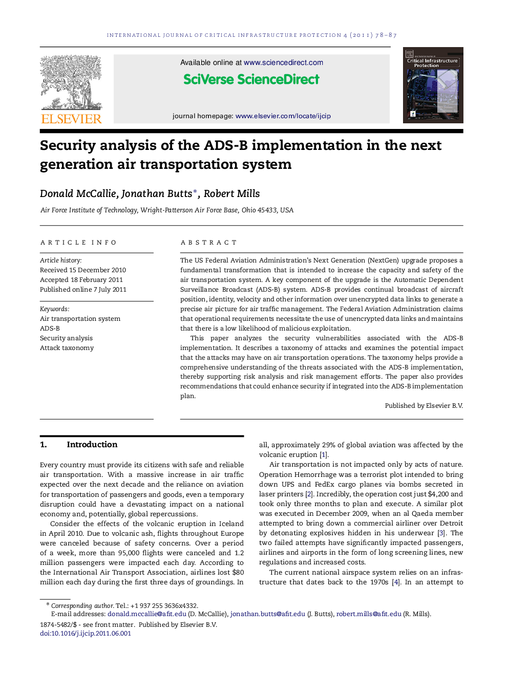 Security analysis of the ADS-B implementation in the next generation air transportation system